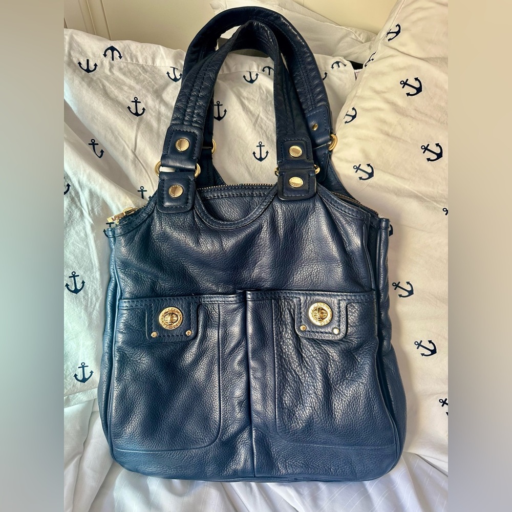 Marc Jacobs Handbag Navy Blue Pebble Leather Totally Turnlock Teri Tote Satchel